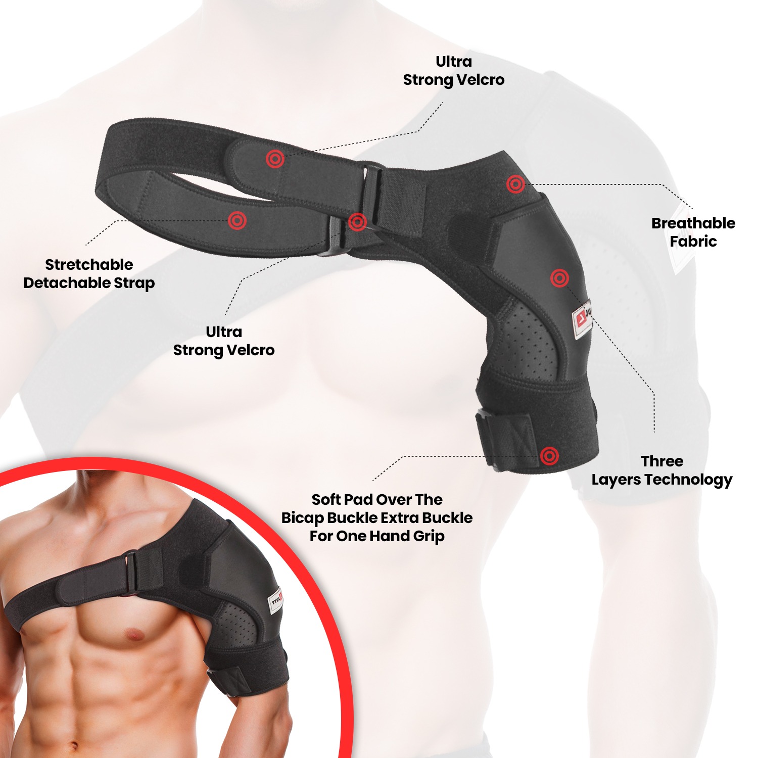 JUTT Adjustable Shoulder Support Brace For Men And Women Rotator Cuff for Dislocated Joints, Frozen Arm and Muscle Pain Relief, Fits Both Right or Left